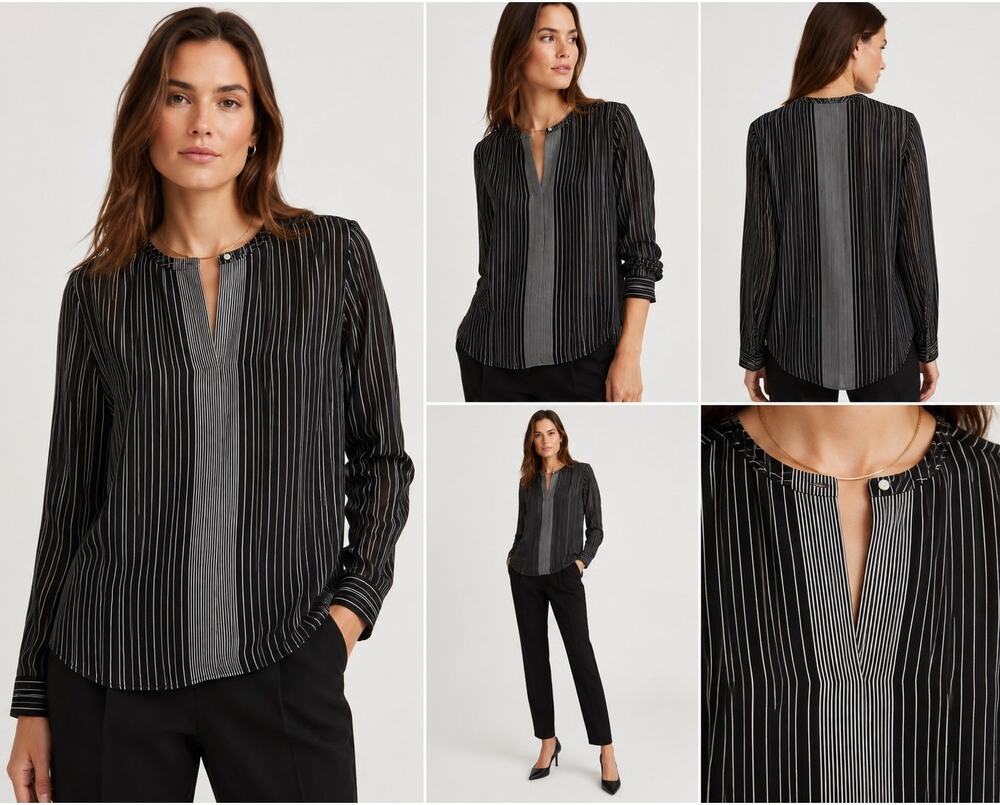 Vince 100% Silk Black Ivory Stripe Sheer Long Sleeve Popover Blouse Size 2